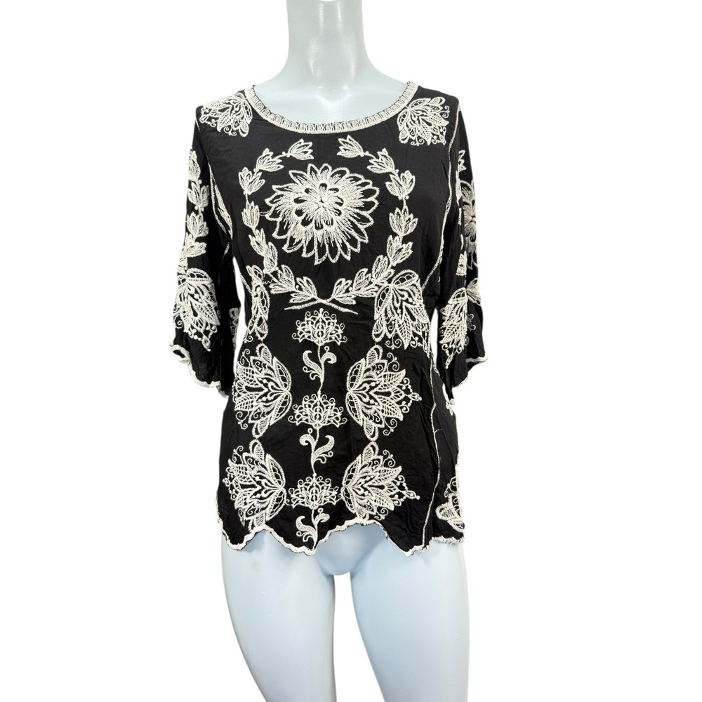 Women's S Solitaire Black & Cream‎ Embroidered Top handkerchief Boho Classic Guc